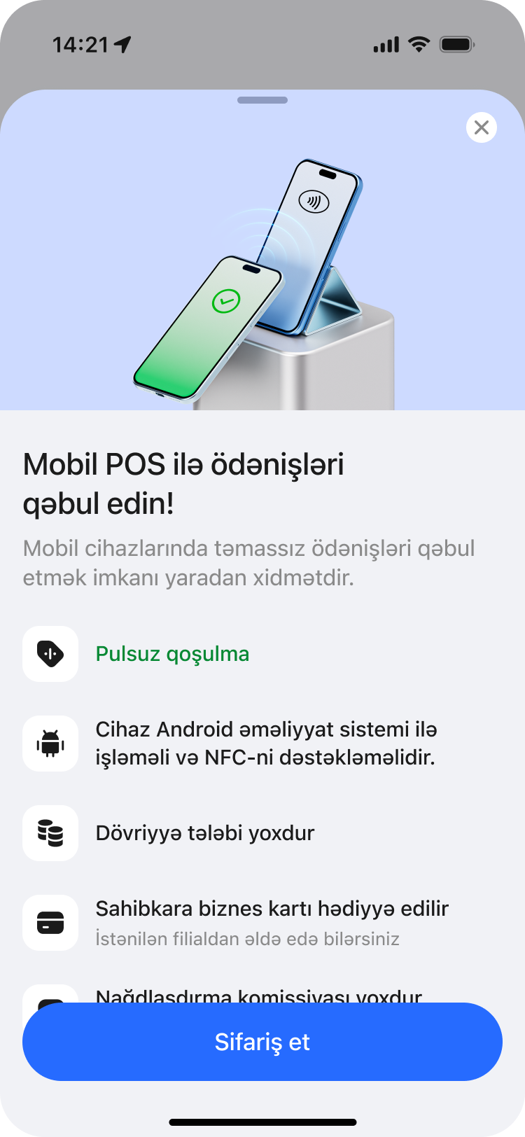 Mobil POS promo bottom sheet with benefits and Sifariş et button