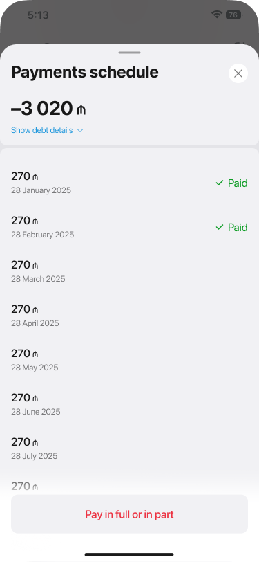 Payments schedule bottom sheet listing every monthly installment