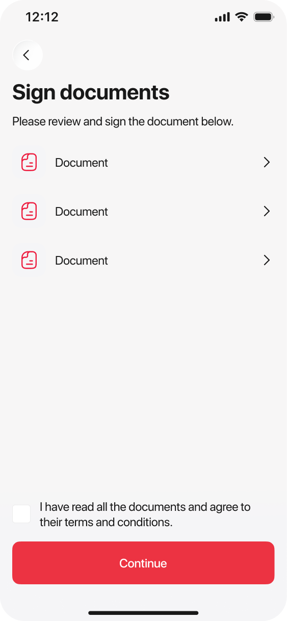 Sign documents screen listing account opening documents