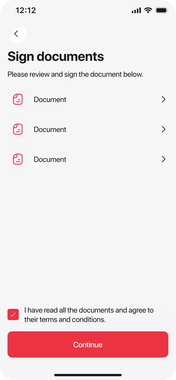 Sign documents screen with checkbox checked