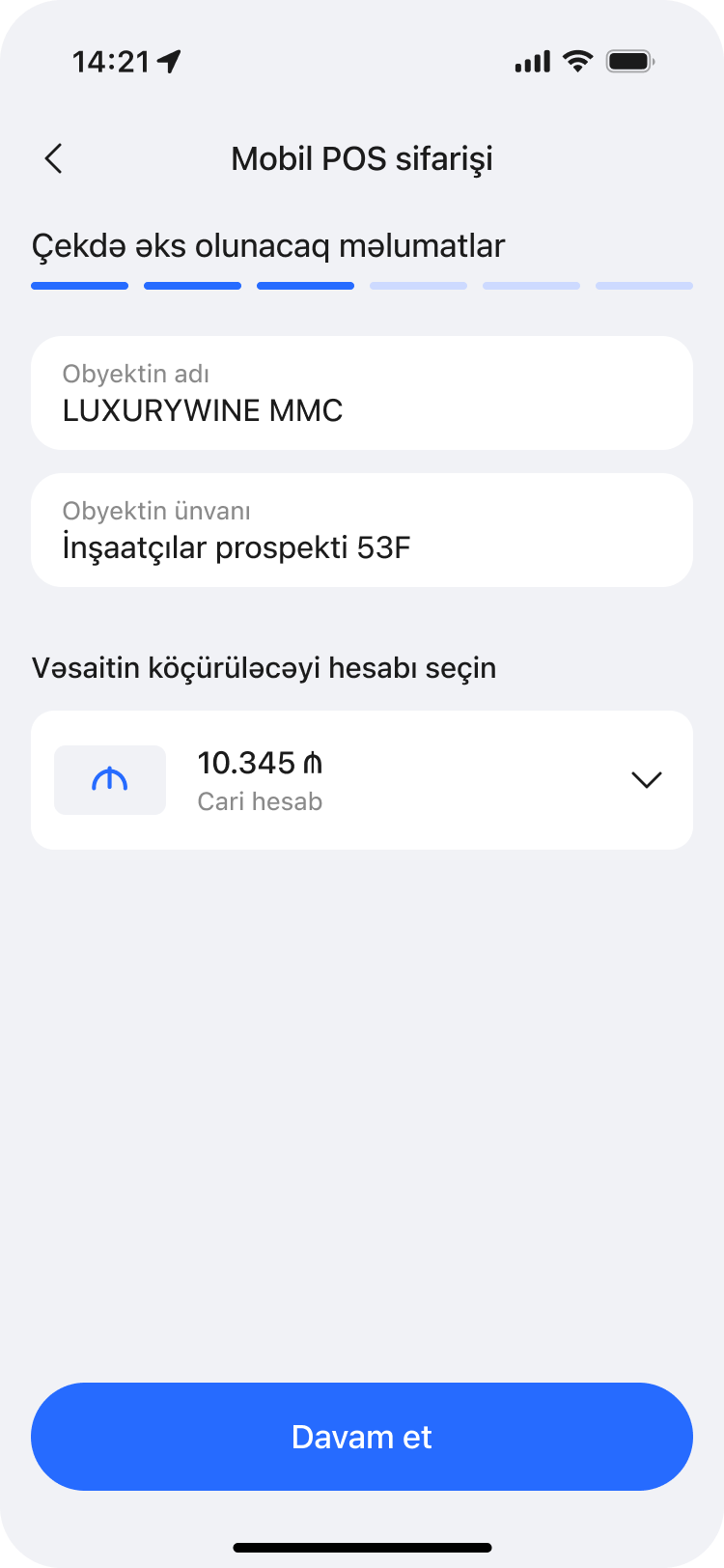 Receipt details screen with business name, address and settlement account