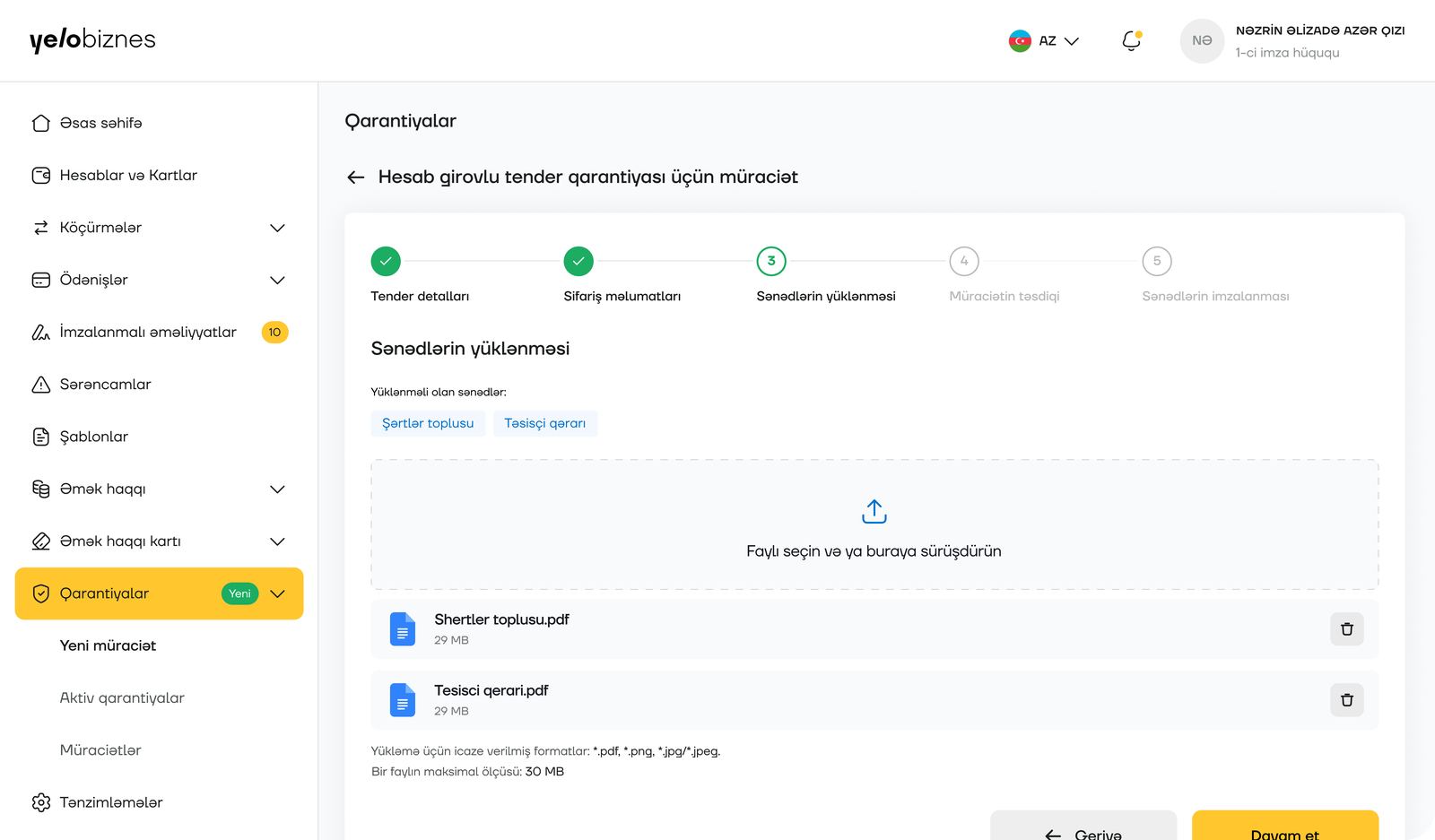 Document upload step for the guarantee application