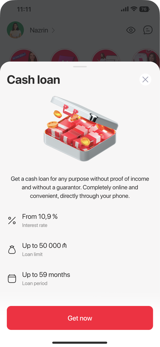Cash loan bottom sheet with rate, limit and term