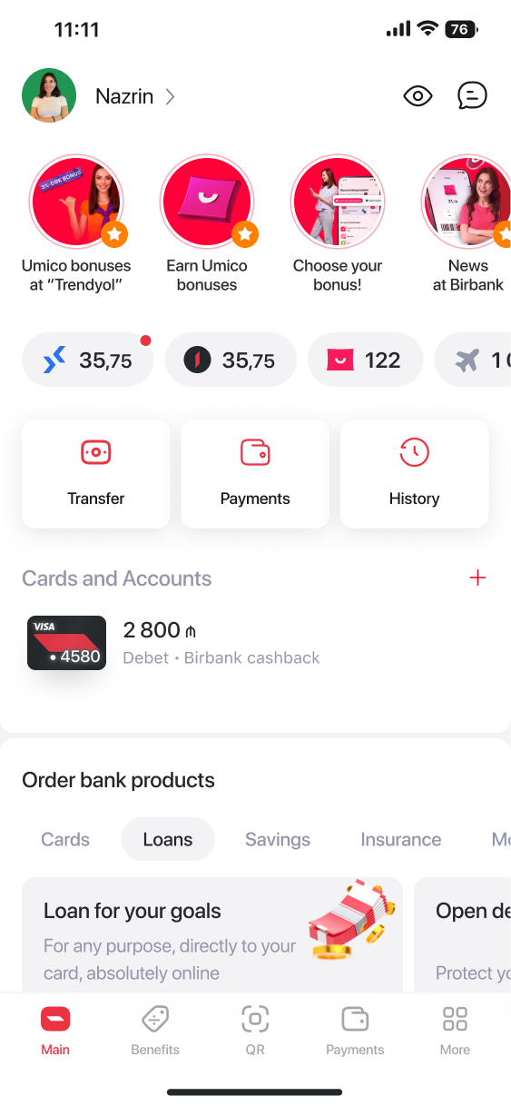 Birbank home screen with Loans tab and Loan for your goals tile